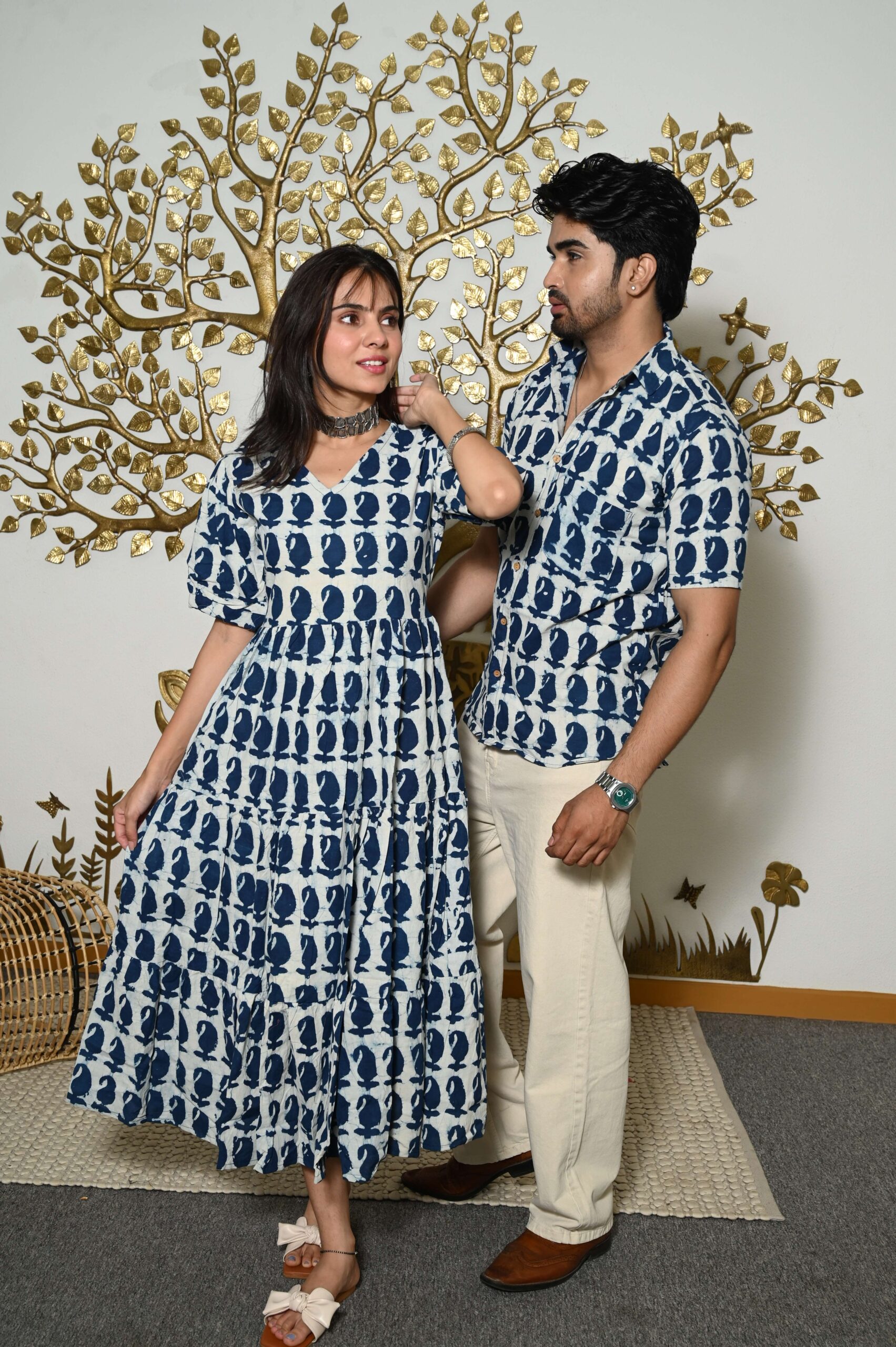 JYzm3i-scaled-1.jpg Couple Matching White And Blue Printed Cotton Anarkali Midi Dress & Shirt Set ? Summer Casual Wear