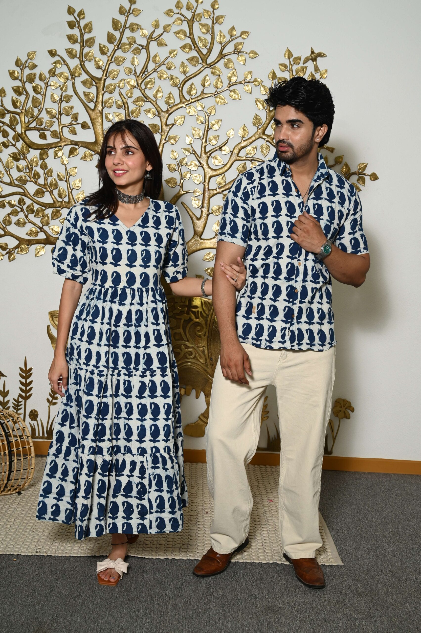 KVCnEu-scaled-1.jpg Couple Matching White And Blue Printed Cotton Anarkali Midi Dress & Shirt Set ? Summer Casual Wear - Image 3