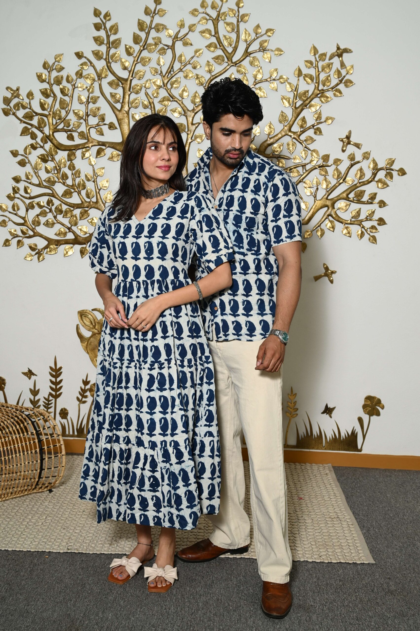 O6YDGZ-scaled-1.jpg Couple Matching White And Blue Printed Cotton Anarkali Midi Dress & Shirt Set ? Summer Casual Wear - Image 2