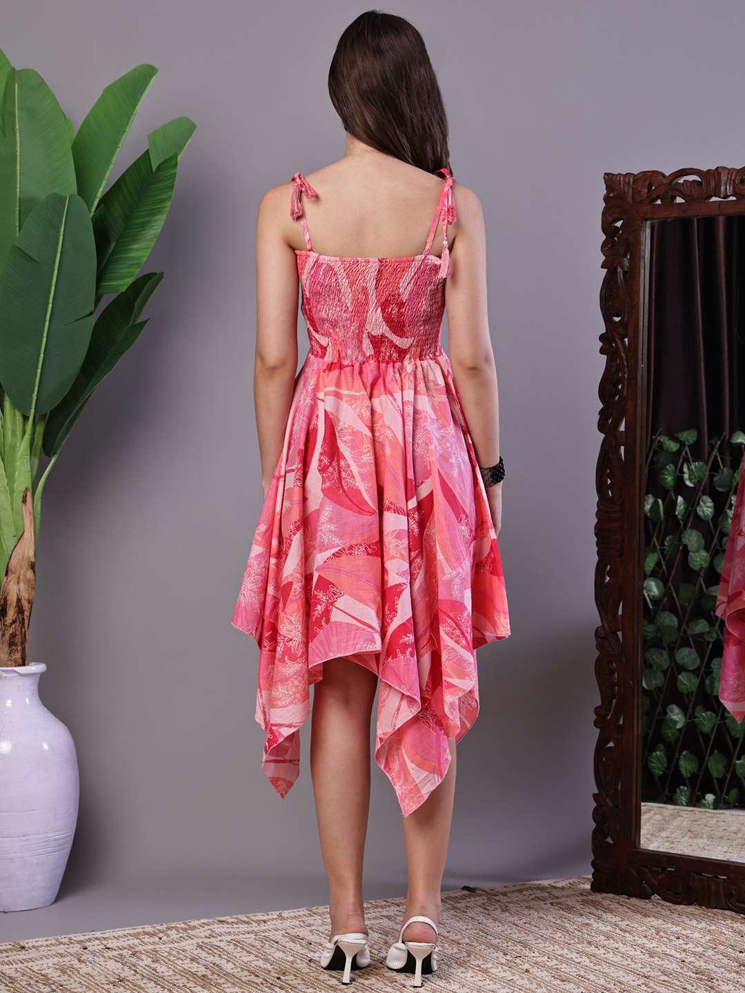 O8CF3n.jpg Women's Pink Printed Cotton Handkerchief Hem Midi Dress Midi Dresses - Image 2