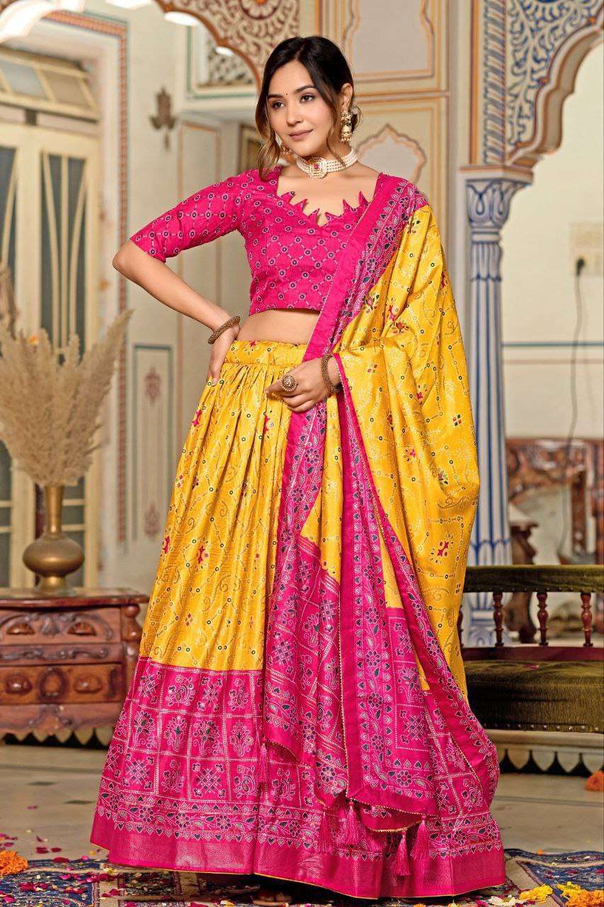 OKzHXG.jpg Women's Tussar Silk Patola Print Lehenga Choli Dupatta Set
