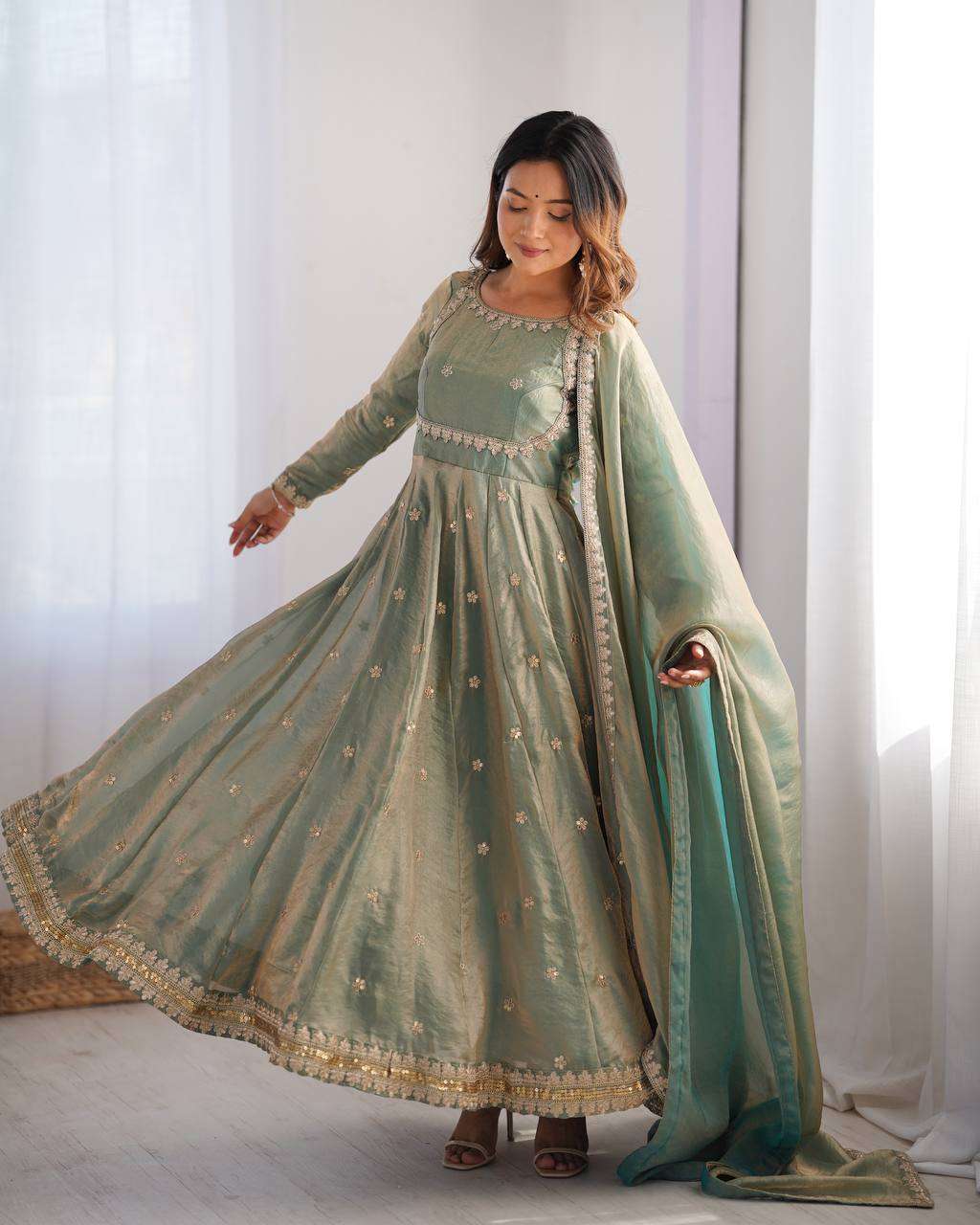 PF5V5K.jpg Women's Fandy Silk Coding with Sequnce work Long Anarkali Kurti Gown With Dupatta - Image 6