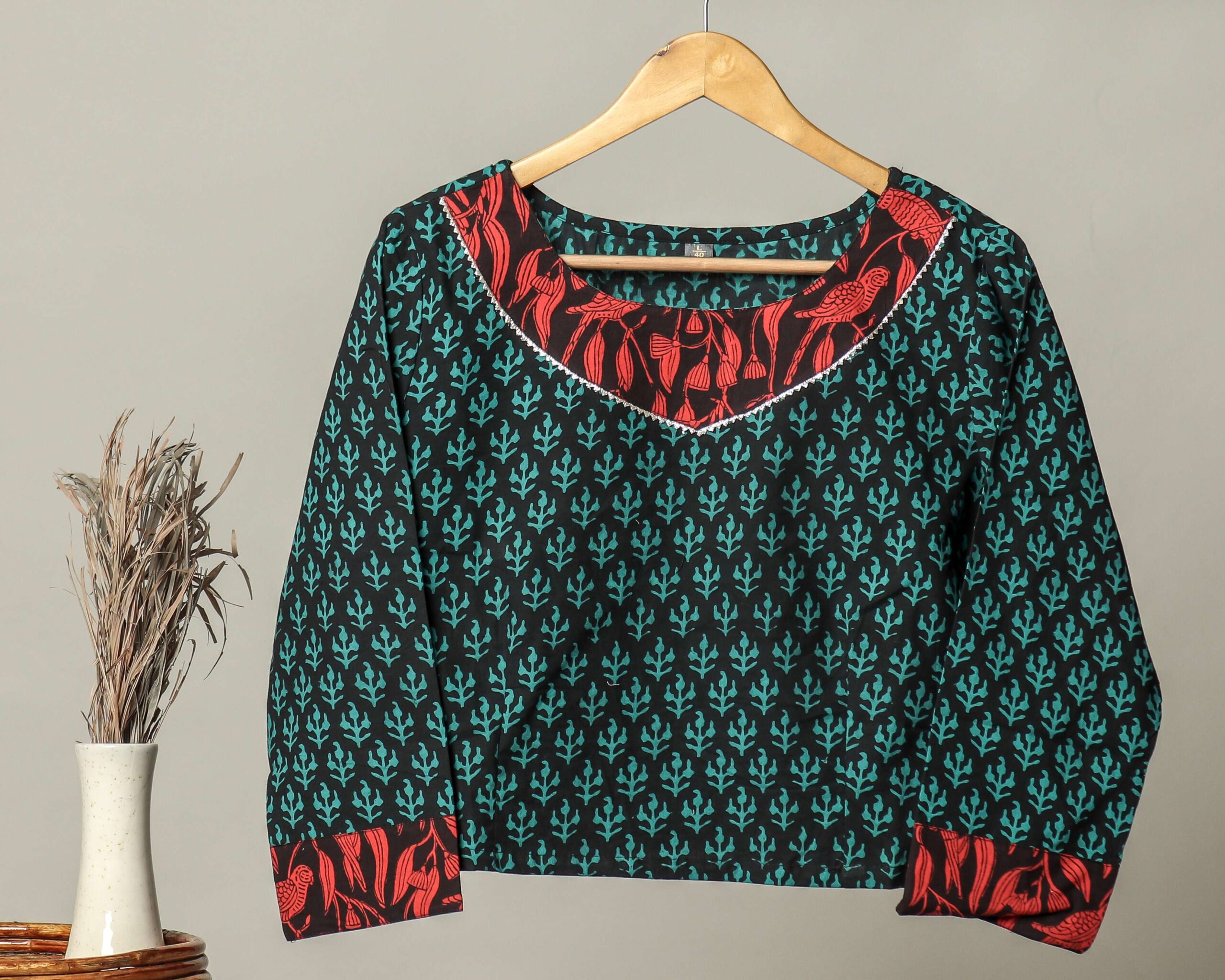 QH0nJE-scaled-1.jpg Handmade Block Print Cotton for Women ? Ethnic Floral Printed Top with Long Sleeves