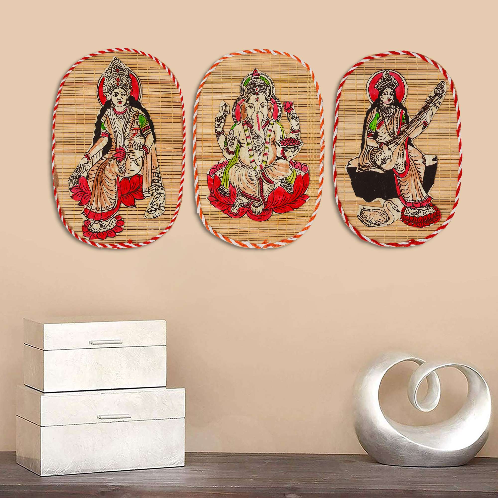 Chitran Product Photography Bamboo Hand Crafted Wall Hangings Of The Trio Of Ganesh Ji, Laxmi Ji And Sarwasti Ji Painting For Home Decor