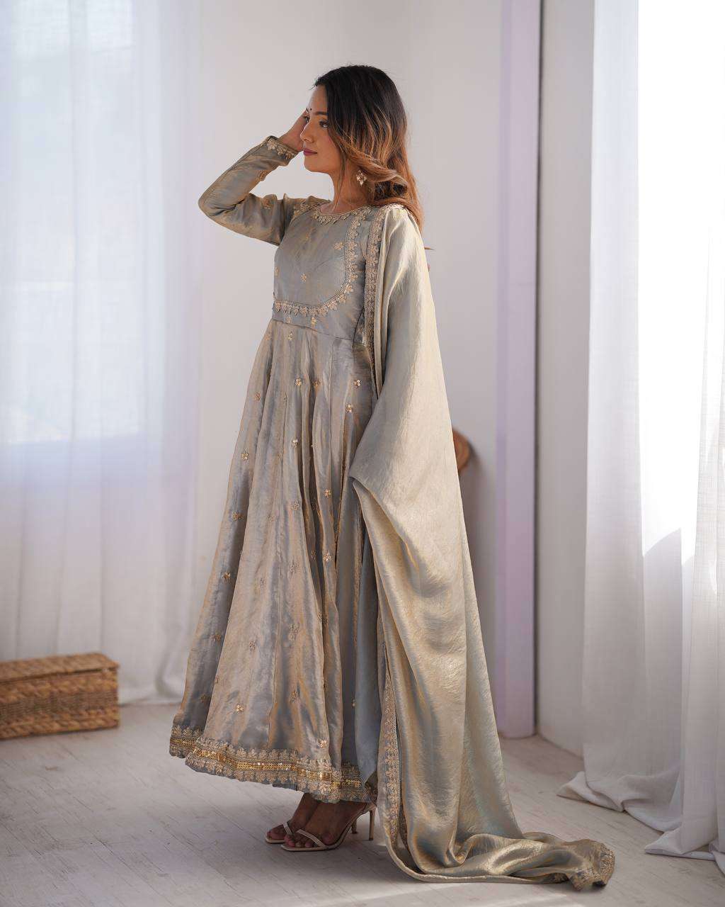 aOdNI0.jpg Women's Fandy Silk Coding with Sequnce work Long Anarkali Kurti Gown With Dupatta - Image 2