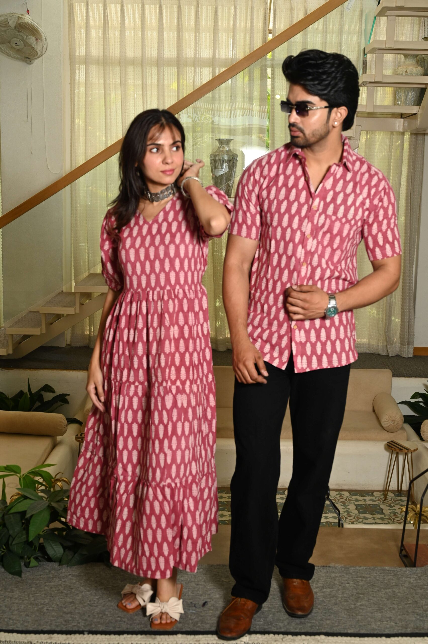cstwtY-scaled-1.jpg Couple Matching Pink Cotton Anarkali Midi Dress and Shirt Set ? White Handblock Leaf Print - Image 2
