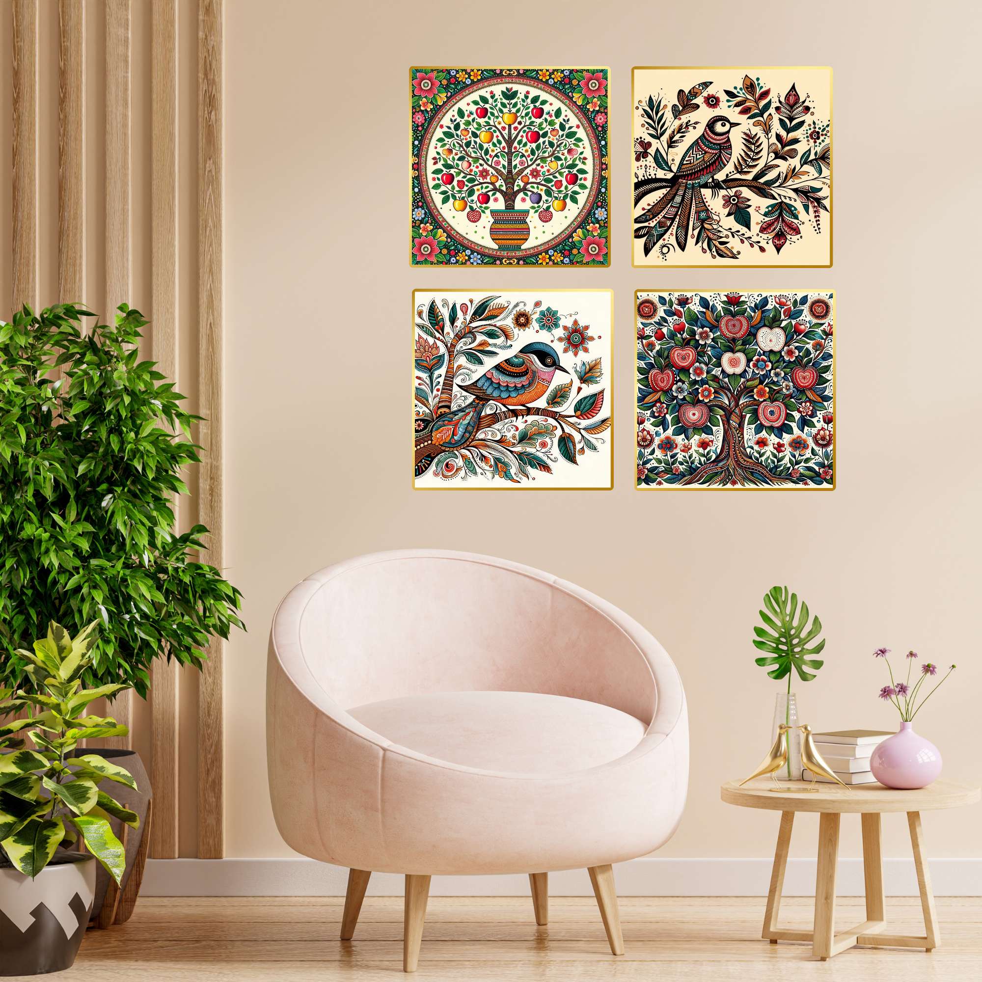 dAzCdL.jpg Set of Four Wall Paintings for Wall Dacoration Golden Framed Wall Paintings for Living Room & Bedroom Wall Art for Home Decoration & Office Wall Décor (13x10 inch CH-GD4-7)