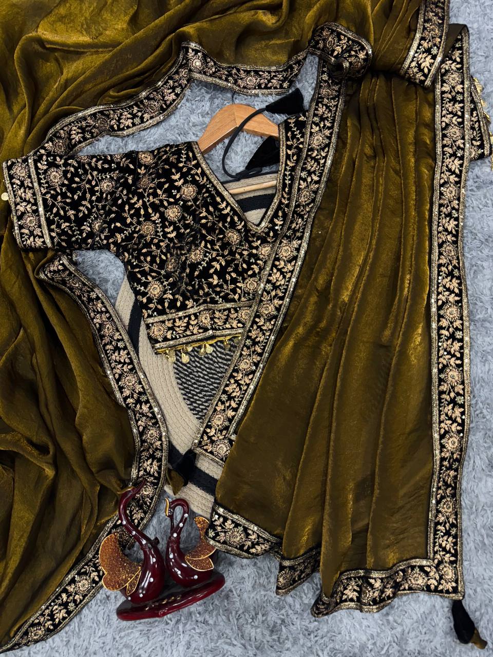 photo_6102478697857664839_y.jpg Women's Luxe Olive-Gold Silk Saree with Heavily Embellished Blouse & Border – Ideal for Evening, Wedding & Reception Wear - Image 6
