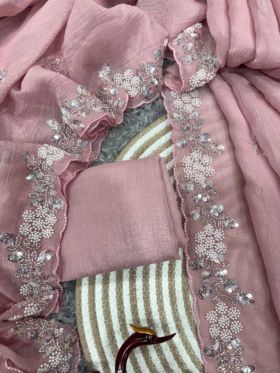 photo_6111503734111585298_y.jpg Women's Soft Pink Organza Saree with Delicate Pearl & Sequin Floral Embroidery – Lightweight Sheer Drape for Festive, Wedding & Party Wear - Image 4
