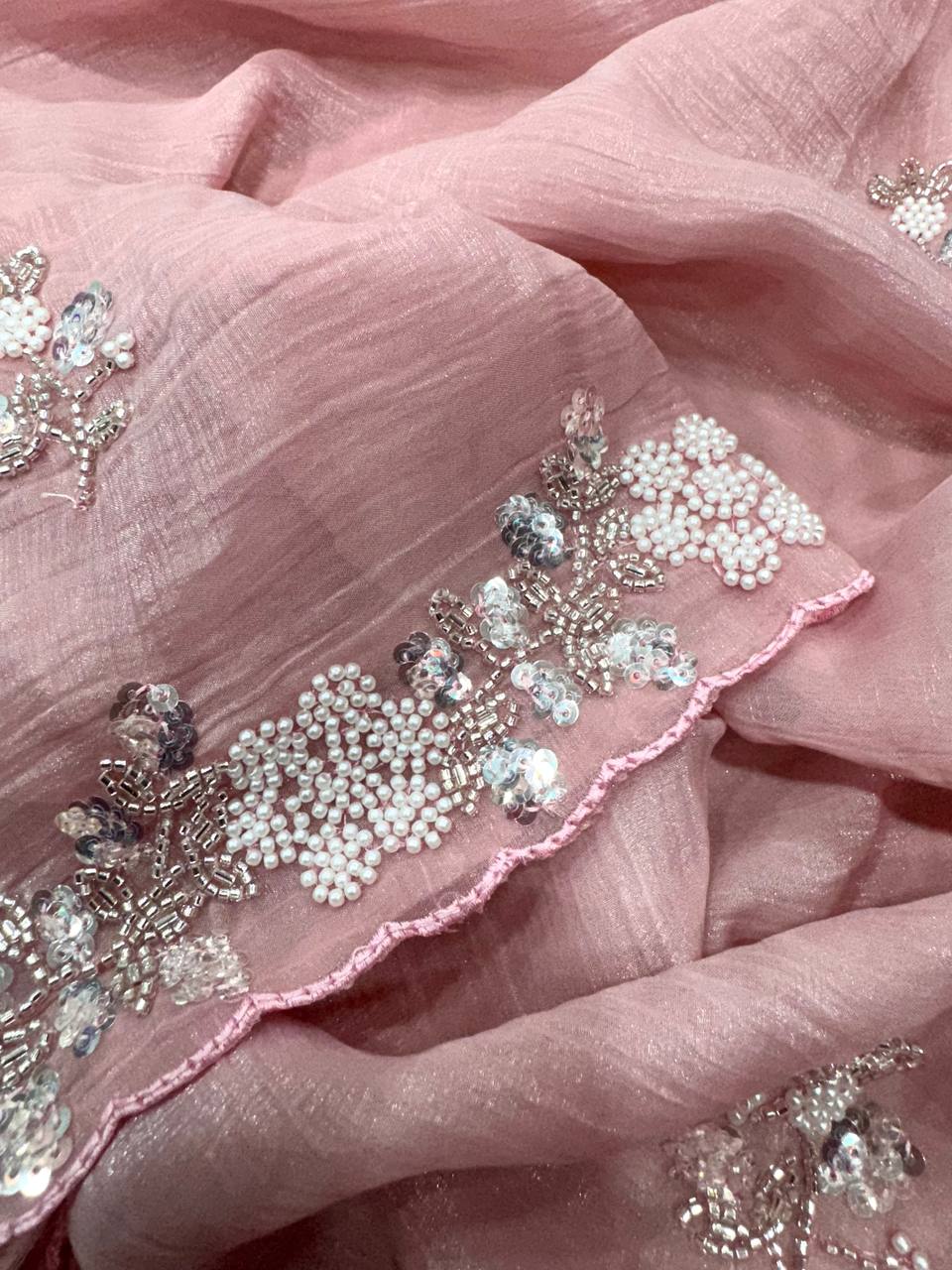 photo_6111503734111585299_y.jpg Women's Soft Pink Organza Saree with Delicate Pearl & Sequin Floral Embroidery – Lightweight Sheer Drape for Festive, Wedding & Party Wear - Image 2