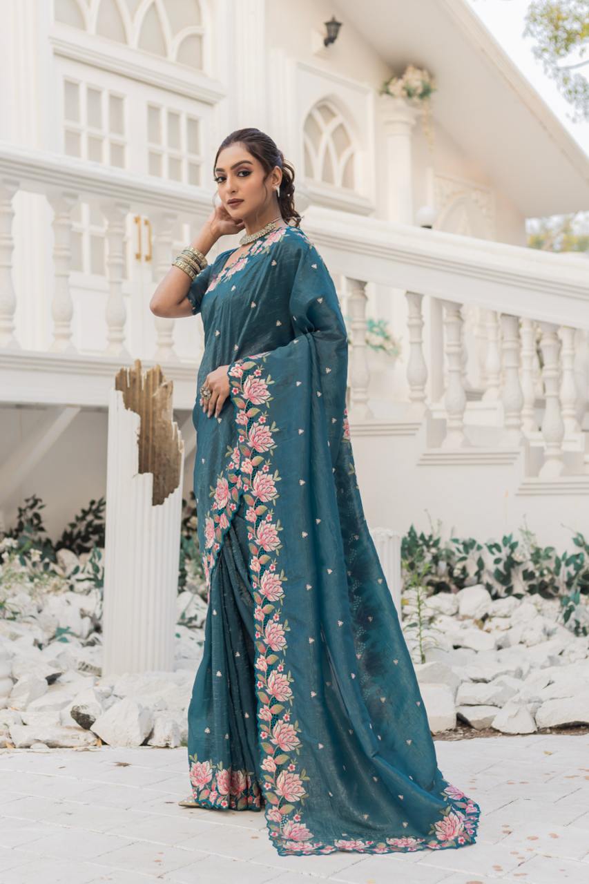 photo_6273601306010699429_y-1.jpg Women's Pristine White Organza Saree with Exquisite Pink & Green Floral Thread Embroidery – Complete with Matching Embroidered Blouse for Festive & Summer Wear - Image 20