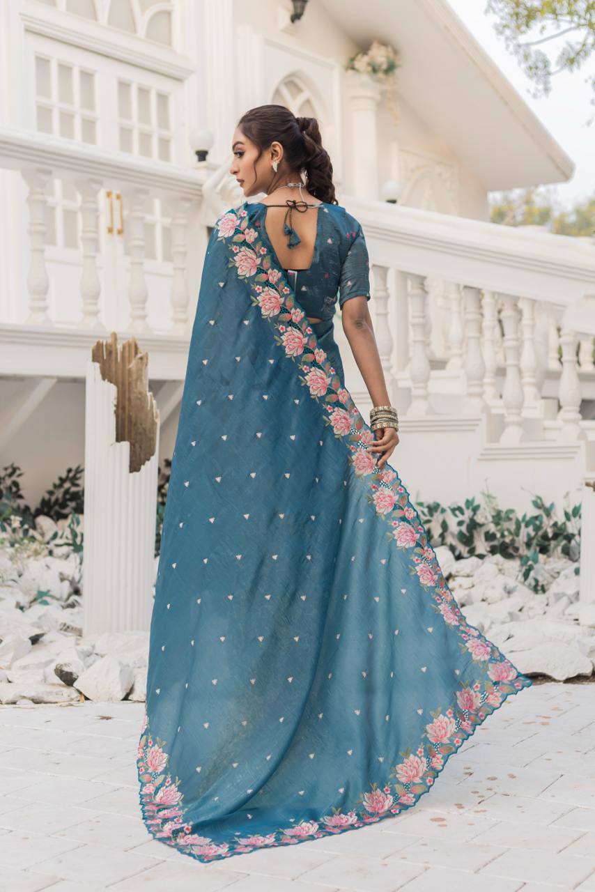photo_6273601306010699430_y.jpg Women's Pristine White Organza Saree with Exquisite Pink & Green Floral Thread Embroidery – Complete with Matching Embroidered Blouse for Festive & Summer Wear - Image 19