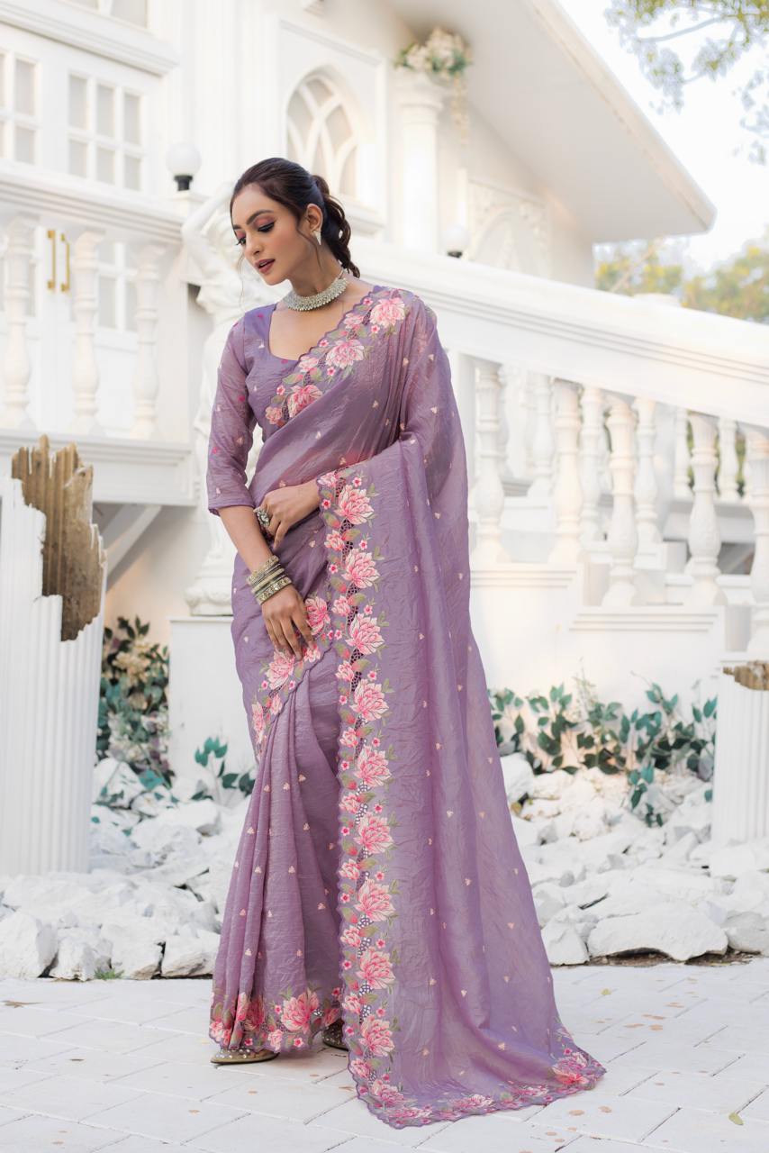 photo_6273601306010699440_y.jpg Women's Pristine White Organza Saree with Exquisite Pink & Green Floral Thread Embroidery – Complete with Matching Embroidered Blouse for Festive & Summer Wear - Image 17