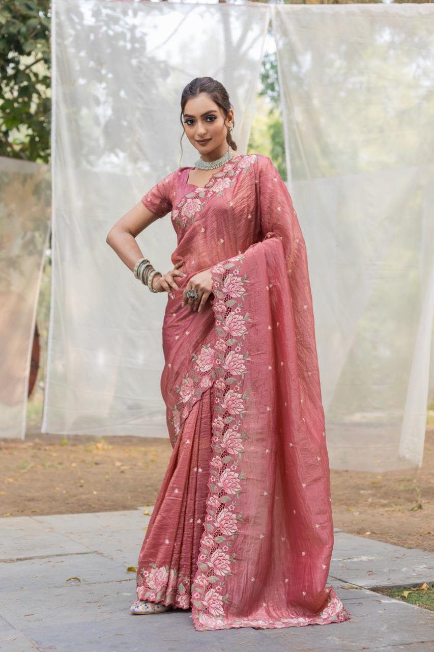 photo_6273601306010699453_y-3.jpg Women's Pristine White Organza Saree with Exquisite Pink & Green Floral Thread Embroidery – Complete with Matching Embroidered Blouse for Festive & Summer Wear