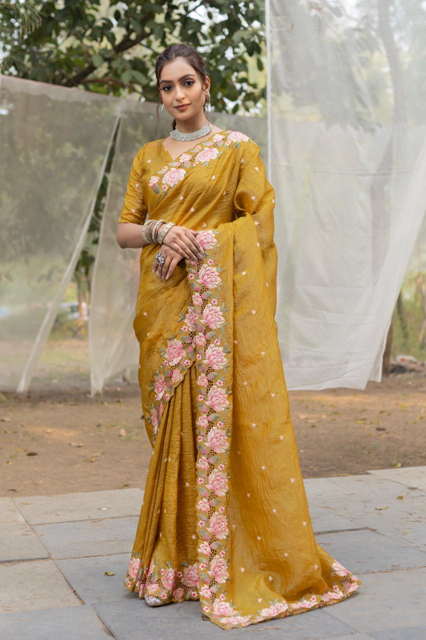 photo_6273601306010699460_y-1.jpg Women's Pristine White Organza Saree with Exquisite Pink & Green Floral Thread Embroidery – Complete with Matching Embroidered Blouse for Festive & Summer Wear - Image 9