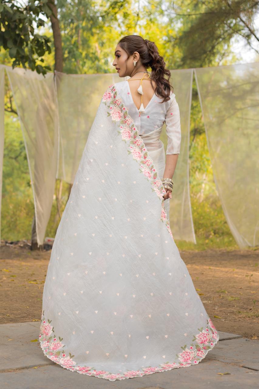 photo_6273601306010699468_y.jpg Women's Pristine White Organza Saree with Exquisite Pink & Green Floral Thread Embroidery – Complete with Matching Embroidered Blouse for Festive & Summer Wear - Image 3