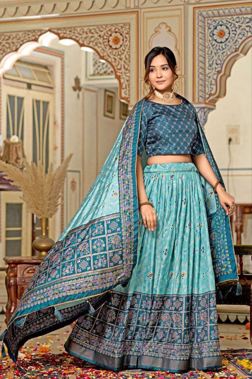 srBNkU.jpg Women's Tussar Silk Patola Print Lehenga Choli Dupatta Set - Image 10