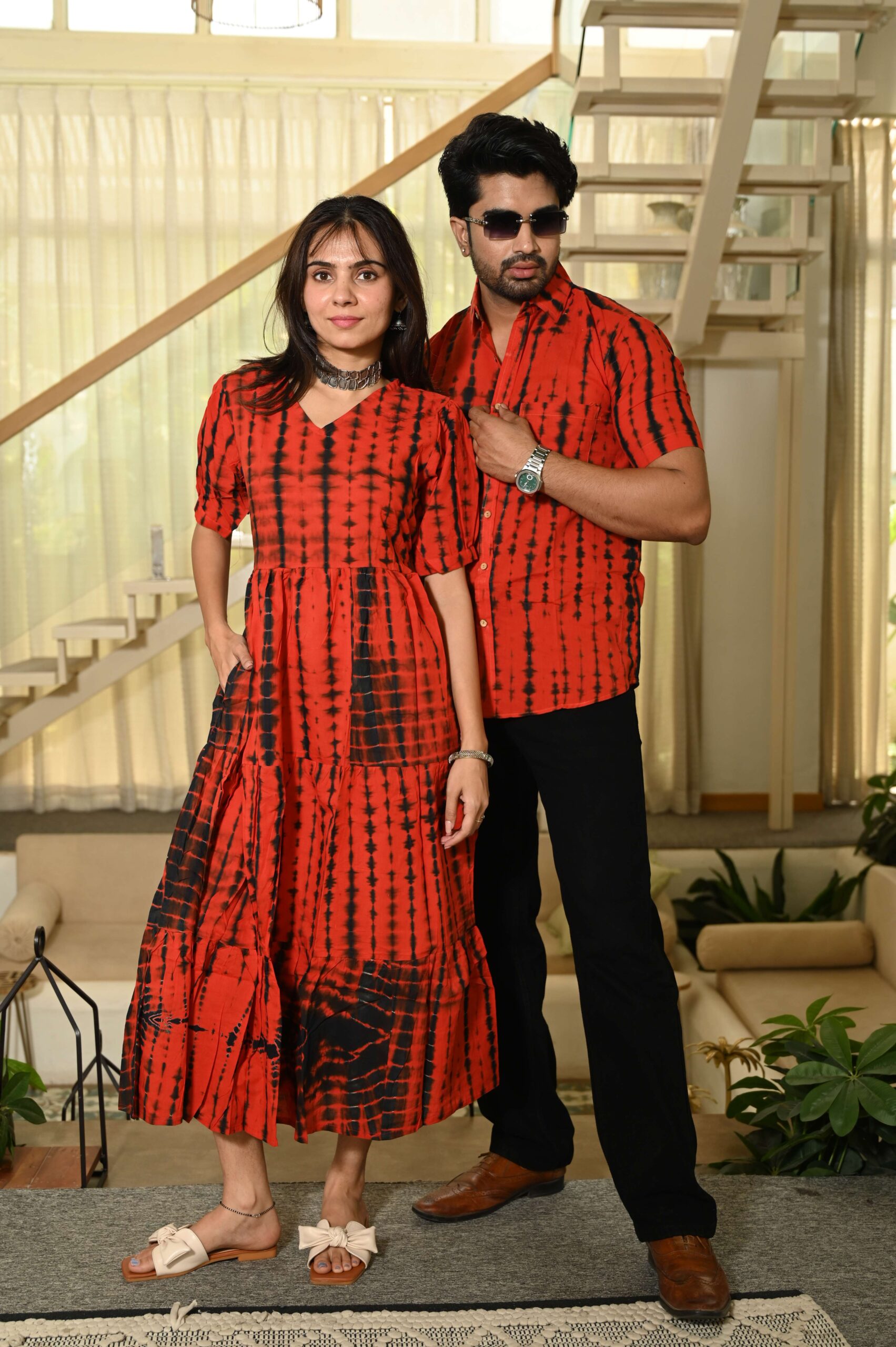 yhSdDr-scaled-1.jpg Couple Matching Red Printed Cotton Anarkali Midi Dress & Shirt Set ? Summer Casual Wear - Image 3